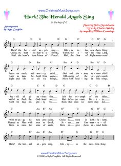 sheet music with words and symbols for children's song, hart the herald angels sing