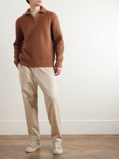 DESIGNED BY MR PORTER. A commitment to impeccable fabrics ensures Mr P.'s dependable wardrobe essentials boast longevity. This half-zip sweater is knitted from soft merino wool using a neat ribbed stitch. The brown tone will complement dark tailoring and indigo denim nicely. Half Zip Sweater Outfit, Zip Sweater Outfit, Gents Sweater, Quarter Zip Men, Sweater Outfits Men, Mr P, Brown Tone, Designer Knitwear, Sweater For Men