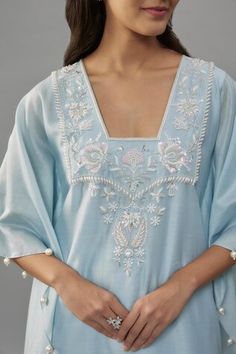 Powder blue kaftan with pearls hand embroidery. Comes with palazzo. - Aza Fashions Blue Resham Embroidery Palazzo Set For Summer, Embellished Summer Kurta With Traditional Drape, Elegant Straight Kurta Kaftan For Summer, Elegant Kaftan For Diwali Reception, Festive Summer Tunic Palazzo Set, Summer Festive Tunic Palazzo Set, Elegant Festive Palazzo Set With Tunic, Elegant Blue Kaftan With Dupatta, Embroidered Summer Palazzo Set With Traditional Drape