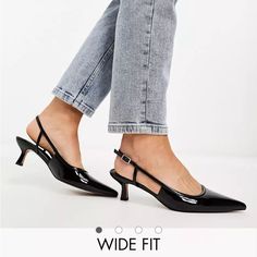 Asos Design Wide Fit Strut Slingback Mid Heeled Shoes Black Patent Pink Platform Heels, Sling Back Shoes, Back Shoes, Neutral Heels, Black Patent Heels, Mid Heel Shoes, Asos Shoes, Dress Comfortable, Stiletto Pumps