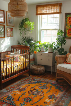 a baby's room with a crib, rocking chair and potted plants