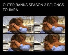 a woman is hugging another woman's chest in front of a boat with the caption outer banks season 3 belongs to jarra