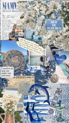 a collage of blue and white items with words on them, including an ocean theme