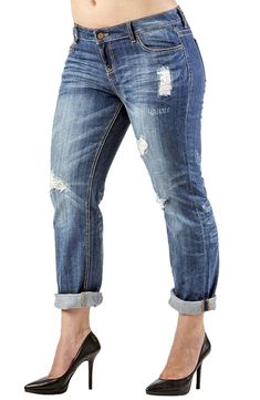 These distressed jeans feature a rolled up hem and a stretchy cotton blend, making them a comfy wardrobe essential for people of all body types. 33" length; 17" leg opening; 11" front rise; 17" back rise 98% cotton, 2% spandex Machine wash, tumble dry Imported Mid-rise Dark Wash Jeans With Rolled Hem, Relaxed Fit Denim Jeans With Rolled Hem, Relaxed Fit Jeans With Rolled Hem, Relaxed Fit Cotton Jeans With Rolled Hem, Dark Wash Rolled Hem Denim Jeans, Dark Wash Denim Jeans With Rolled Hem, Straight Leg Jeans With Rolled Hem, Dark Wash Jeans With Rolled Hem, Cotton Jeans With Rolled Hem In Medium Wash