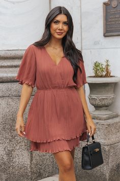 Our Baked Terracotta Satin Pleated Mini Dress exudes elegance & sophistication. The delicate pleats & tiered design create a flattering silhouette! Free US shipping! Solid Tiered Dresses For Day Out, Tiered Solid Color Dresses For Day Out, Solid Color Tiered Dresses For Day Out, Tiered Dresses For Day Out, Elegant Tiered Ruffle Dress For Day Out, Pleated Tiered Mini Dress, Tiered Pleated Mini Dress, Casual Pleated Tiered Midi Dress, Summer Dress With Pleated Waist And Tiered Skirt