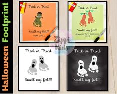 four halloween cards with handprints on them and the words trick or treat written in black ink