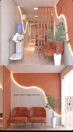 two pictures of the inside of a room with chairs and plants in it, one is orange