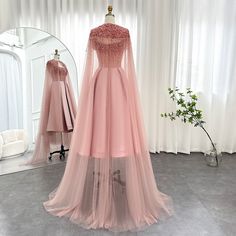 Luxury Dubai Blush Pink Evening Dress with Cape 2023 Ankle Length Short Midi Women Wedding Party Dress – DreamyVow Arabic Evening Dress, Evening Dress With Cape, Arabic Fashion, Wedding Party Dress, فستان سهرة, Wedding Parties, Lehenga Designs, Cape Dress, Luxury Dress