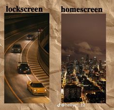 there are two pictures of cars driving down the street at night and in the city