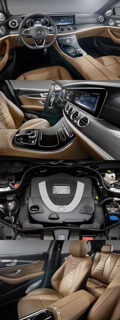 the inside and outside view of a car with leather seats, steering wheel controls and dashboard