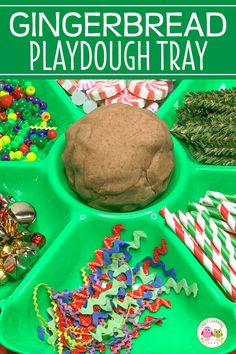 a green tray with gingerbread playdough tray on it