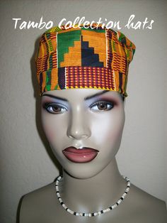 Kente 2 Women's High top Kufi hat African hat/ by tambocollection Adjustable Brown Hat With Structured Crown, Adjustable Festival Hat With Structured Crown, Adjustable Hat With Structured Crown For Festivals, Adjustable Structured Crown Hat For Festival, Traditional Adjustable Beanie Bonnet, Adjustable Multicolor Costume Headband, Multicolor Headband Hat, Adjustable High Crown Multicolor Hat, Adjustable Multicolor High Crown Hat