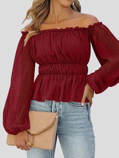 Women's Blouses Solid One-shoulder Long Sleeve Blouse Non-stretch Off-shoulder Blouse, Off-shoulder Blouse For Fall, Woman Blouse Casual, Pleated Chiffon Blouse, Women's Blouses, Chiffon Long Sleeve, Women Blouses, Shoulder Shirts, Chiffon Blouse