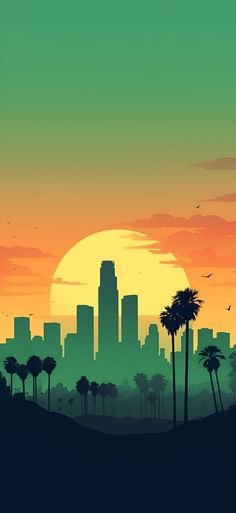 A minimalist aesthetic Los Angeles skyline wallpaper with lush green hues, creating a revitalizing and modern visual for an iPhone or Android device. Material Design Wallpapers, Aesthetic Los Angeles, Skyline Wallpaper, Cityscape Illustration, Los Angeles Wallpaper, Skyline Drawing, Owls Wallpaper, Cityscape Wallpaper, Cute Owls Wallpaper