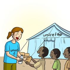 a woman handing food to children in front of a tent with the words uncle written on it