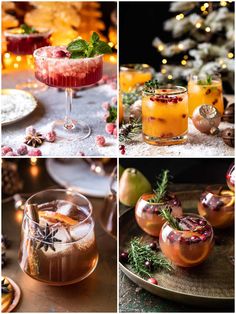 four different shots of various drinks in glasses with christmas decorations on the table behind them