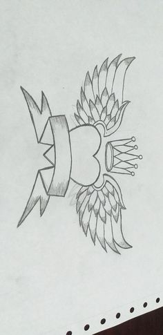 a drawing of a bird with wings on it's head and an arrow in its beak