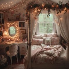 a bedroom with lights strung from the ceiling and flowers on the bed, along with a window