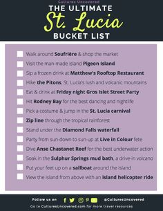 the ultimate st lucia bucket list with text overlaying it in black and white