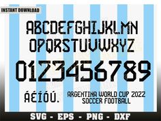 the alphabet and numbers are in black on blue striped paper, with white letters that spell out