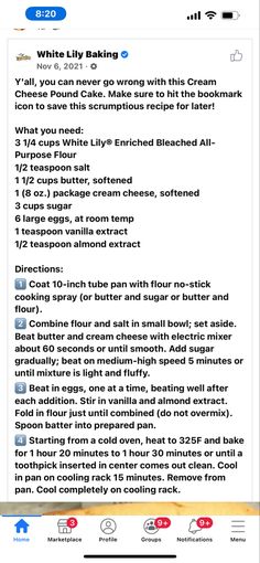 an iphone screen with the text white lily baking on it and instructions for how to make vanilla ice cream