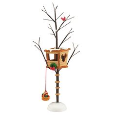 a bird feeder with two birds perched on it's sides and a tree in the background