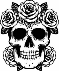 a black and white skull with roses on it's head, in the shape of a