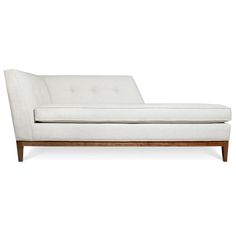 a white chaise lounge chair with wooden legs and arm rests on a white background