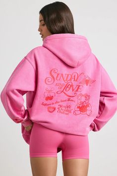 Sunday Love Oversized Hoodie in Hot Pink | Oh Polly Sunday Love, Love Hoodie, Gym Hoodie, Wide Leg Sweatpants, Love Print, Dress Bra, Oversized Hoodie, Women Hoodies Sweatshirts, Love At First Sight