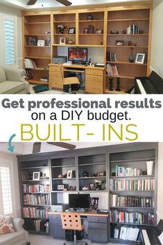 the before and after pictures show how to build a built in bookcase