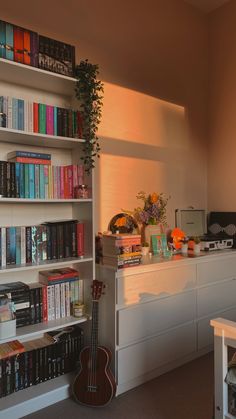 a guitar is sitting in front of a bookshelf