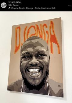 a painting of a smiling man with the word joshua on it's face and an orange ribbon around his neck