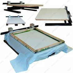 four different types of cutting boards on top of blue tarp and one is being used to cut paper