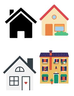 four different types of houses on a white background