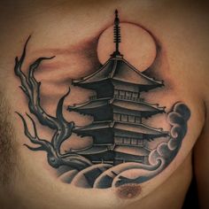 Japanese Tattoo Temple, Japanese House Tattoo, Japanese Temple Tattoo Design, Temple Tattoo Design, Pagoda Tattoo, Japanese Temple Tattoo, Temple Tattoo, Buddha Tattoo Design, Samurai Tattoo Design