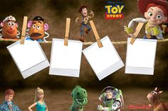 there are many toy story characters hanging on the clothes line with pictures attached to them