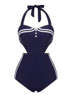 Navy Blue 1930s Halter One-piece Swimsuit – Retro Stage - Chic Vintage Dresses and Accessories Fitted Retro Blue Swimwear, Blue Fitted Retro Swimwear, Retro Fitted Blue Swimwear, Vintage Blue Swimwear For The Beach, Vintage Blue Swimwear For Swimming, Retro Blue Lined Swimwear, 1950s Swimsuit, Retro Stage, Cute One Piece Swimsuits