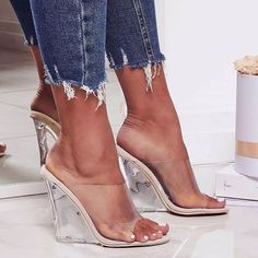 New Clear Transparent - Wedge Heel - Slip-On Mule - Nude Foot Bed -Celebrity Shoe -Approximately 3.4-4 Inches True To Size Nike Transparent Shoes, Transparent Shoes Heels Sandals, Transparent Tennis Shoes, Plastic Clear Heels, Clear Heels Shoes, Plastic Heels Clear, Clear Wedges, Heels Wedge, Celebrity Shoes