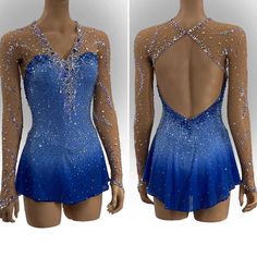 the back of a blue dress with sequins on it