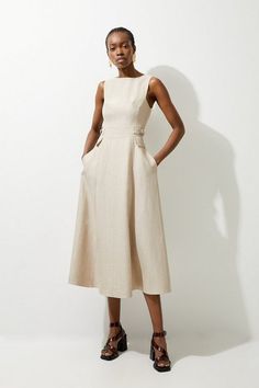 Premium Linen Tab Waist Detail Full Skirt Tailored Midi Dress | Karen Millen Classic Spring Midi Dress With Pockets, Classic Fit And Flare Summer Dress, Beige A-line Linen Dress For Spring, Chic A-line Linen Dress, Classic Knee-length Midi Dress For Day Out, Spring Beige A-line Linen Dress, Linen Midi Dress With Tie Waist, Fitted Belted Linen Dress, Elegant A-line Linen Dress With Pockets