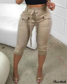 Color: khaki, Size: L(10-12) Patchwork Trousers, High Waisted Cargo Pants, Waist Cargo Pants, Pants With Belt, Womens Khakis, Chic Type, Style Cargo, Women Cargos, Fitted Trousers