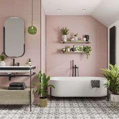 a bath room with a tub a sink and some potted plants on the wall