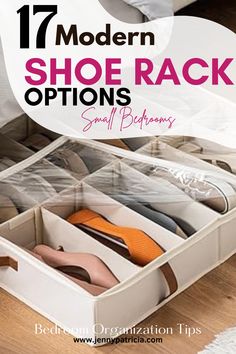 an open shoe rack with shoes in it and the words 17 modern shoe rack options