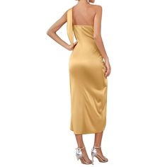 Champagne One Shoulder High and Low Hem Party Dress with Tie Satin Sheath Maxi Party Dress, One Shoulder Sheath Dress For Party, One-shoulder Satin Maxi Dress For Dinner, Satin Sleeveless One Shoulder Party Dress, Sleeveless Satin One Shoulder Party Dress, Satin Summer Evening Dress For Party, Satin Sleeveless One-shoulder Party Dress, Dressy Satin Maxi Party Dress, Gold Satin Midi Dress For Night Out