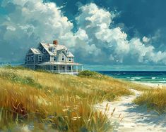 an oil painting of a house on the beach by the ocean with clouds in the sky