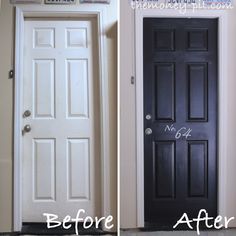 before and after photos of a black front door with white trim on the bottom half