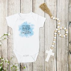 Introducing our adorable "Before I knew you, I formed you in the womb" short sleeve baby bodysuit, designed to celebrate the miracle of life and the profound love of God. Crafted with soft breathable cotton fabric, this short sleeve bodysuit ensures comfort for your little one while spreading a powerful message of faith and love. It is the perfect gift for Christian families, baby showers, baptisms, or any special occasion. Let your little one shine bright in this meaningful expression of faith Fitted Short Sleeve Onesie With Custom Print, White Short Sleeve Bodysuit With Letter Print, Cotton Baptism Onesie With Short Sleeves, White Short Sleeve Onesie For Baptism, White Short Sleeve Bodysuit As A Gift, White Short Sleeve Bodysuit As Gift, Short Sleeve Letter Print Bodysuit For Gender Reveal, Short Sleeve Onesie With Custom Print For Gender Reveal, Custom Print Short Sleeve Onesie For Gender Reveal