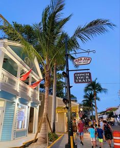 people walking on the sidewalk in front of shops and palm trees at dusk with blue sky