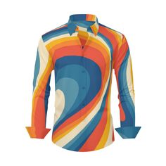 Step back into the vibrant era of the 70s with our Vintage 70s Style Shirt, a Retro Shirt designed for the modern man who embraces the groovy spirit of the past. This Hippie Shirt for Men channels the free-spirited essence of the 70s, featuring a unique blue and orange abstract curvy stripe pattern. Crafted from 100% polyester, this Men's Stripe Orange Shirt ensures both comfort and durability.With a nod to the 70s-inspired fashion, this Groovy Shirt is perfect for those who appreciate the bold Retro Shirt Design, 70s Mode, Groovy Shirt, 70s Vintage Fashion, 70s Shirts, Hippie Shirt, 70s Inspired Fashion, Jean Large, Mens Stripes