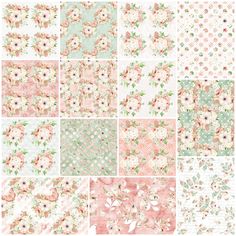 six different floral patterns in pink, green and white colors with flowers on the side